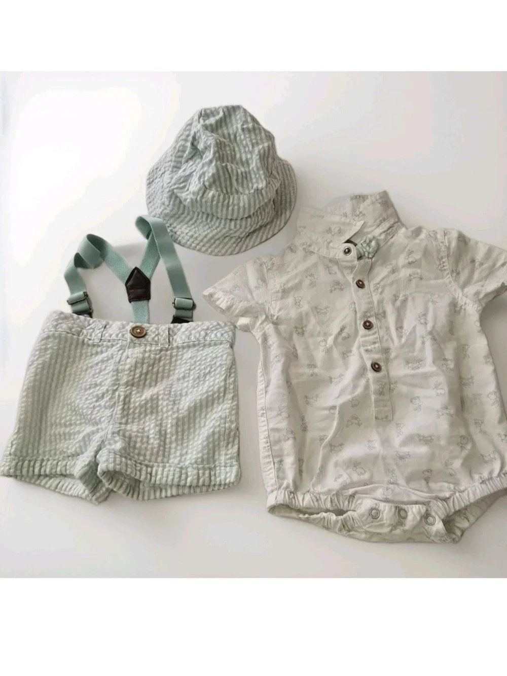 Tommy Bahama Baby Mint Green Seersucker Shorts Set with Hat & Suspenders